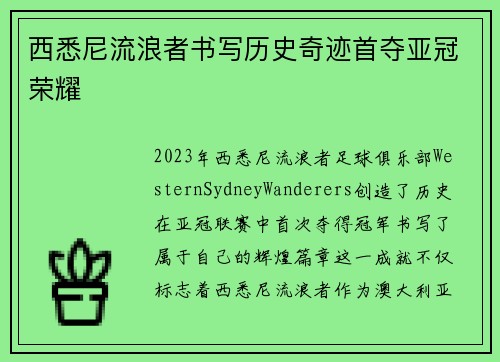 西悉尼流浪者书写历史奇迹首夺亚冠荣耀