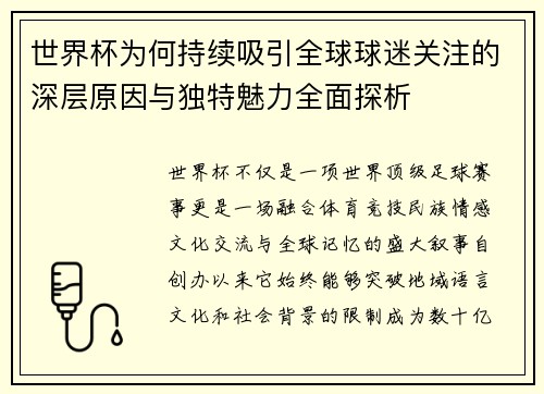 世界杯为何持续吸引全球球迷关注的深层原因与独特魅力全面探析